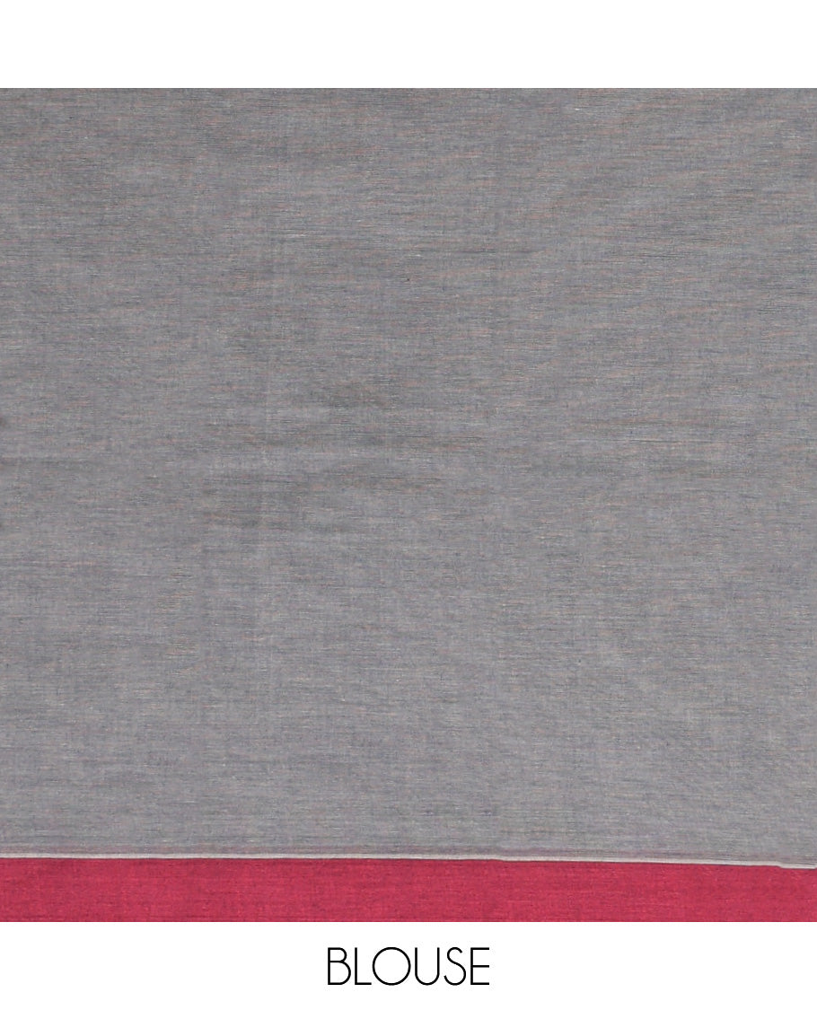 Grey Kanchi Cotton Saree, Subtly Woven with Paisleys and Stripes All Over Its Body, Complemented by Contrast Border, Pallu of Flower Pot Designs and Paired with a Matching Blouse