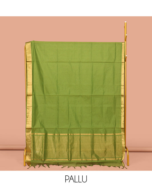 Parrot Green Sparsely Striped Mangalgiri Cotton Saree, Highlighted by a Zari Border, Gleaming Zari-Striped Pallu, and Paired with a Matching Blouse