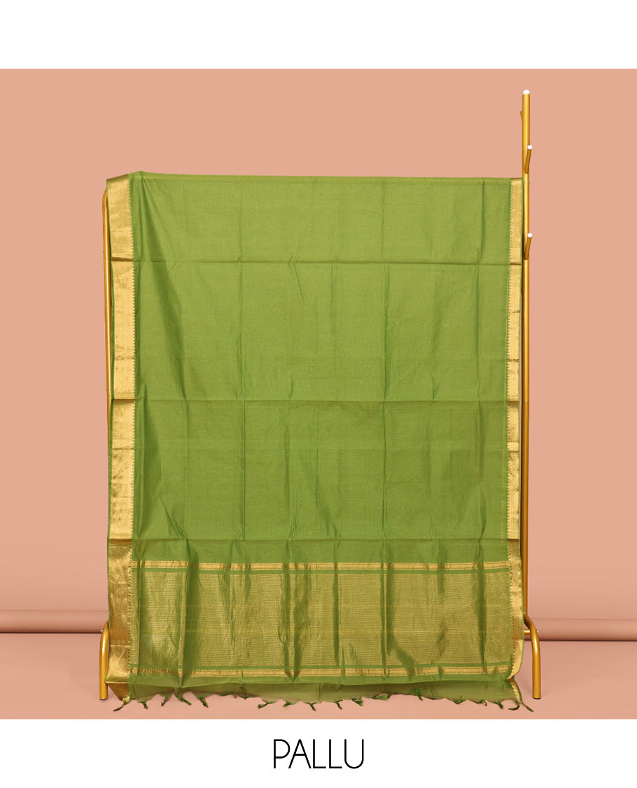Parrot Green Sparsely Striped Mangalgiri Cotton Saree, Highlighted by a Zari Border, Gleaming Zari-Striped Pallu, and Paired with a Matching Blouse