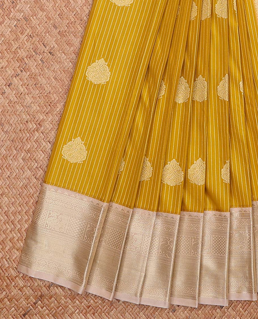Mustard zari stripes, and buttas gift saree, contrast traditional zari border, and jaal pallu