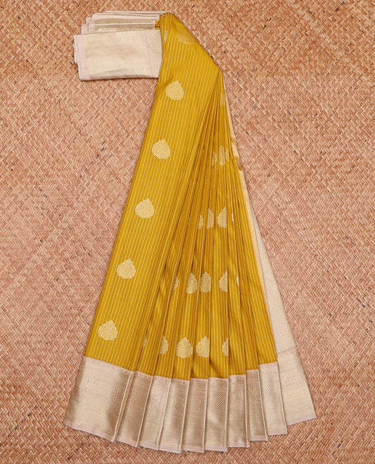Mustard zari stripes, and buttas gift saree, contrast traditional zari border, and jaal pallu