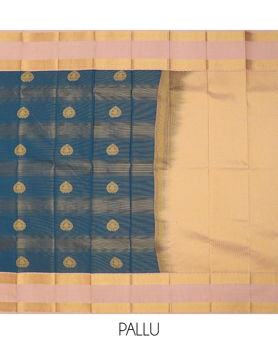 Blue striped and zari buttas gift saree, contrast traditional zari design rettai pettu border, and jaal pallu