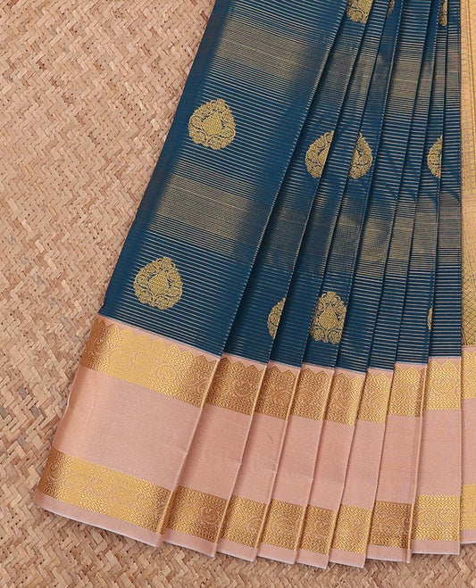 Blue striped and zari buttas gift saree, contrast traditional zari design rettai pettu border, and jaal pallu