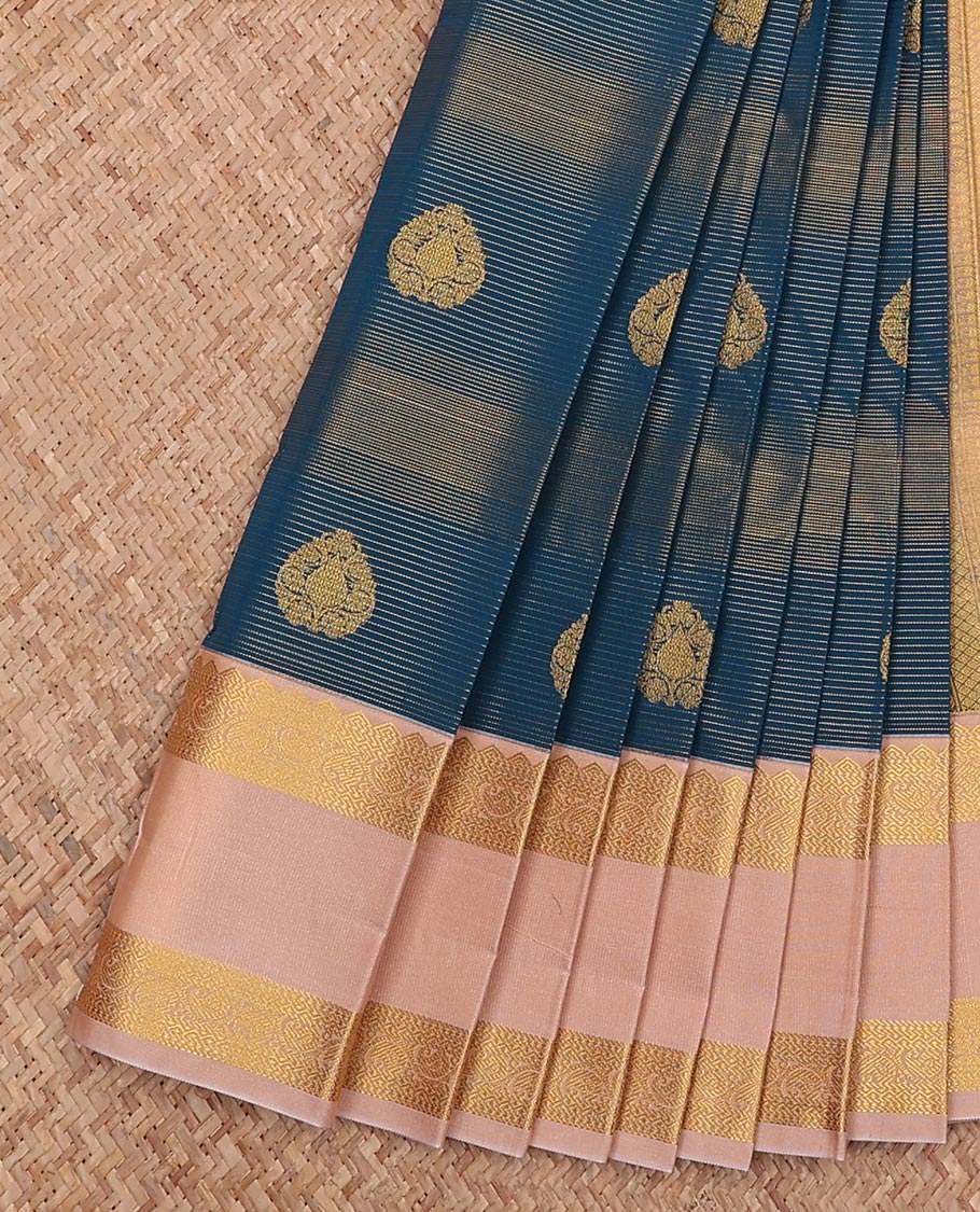 Blue striped and zari buttas gift saree, contrast traditional zari design rettai pettu border, and jaal pallu