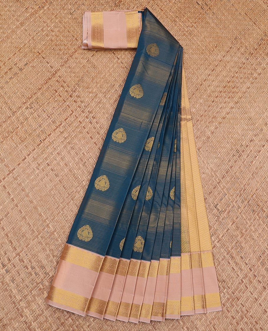 Blue striped and zari buttas gift saree, contrast traditional zari design rettai pettu border, and jaal pallu