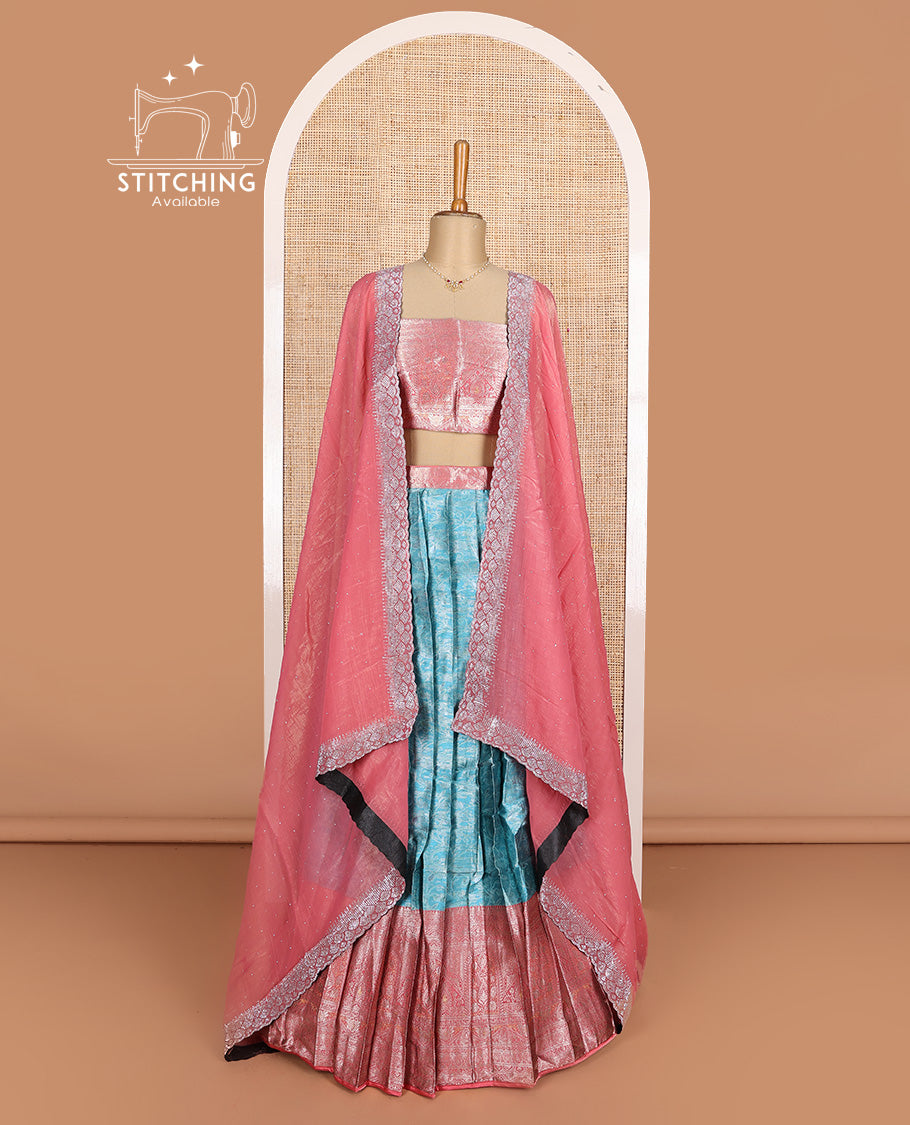 Blue art silk half-saree, floral design with contrast traditional border skirt, matching blouse, scallop embroidered dhavani, and detachable belt