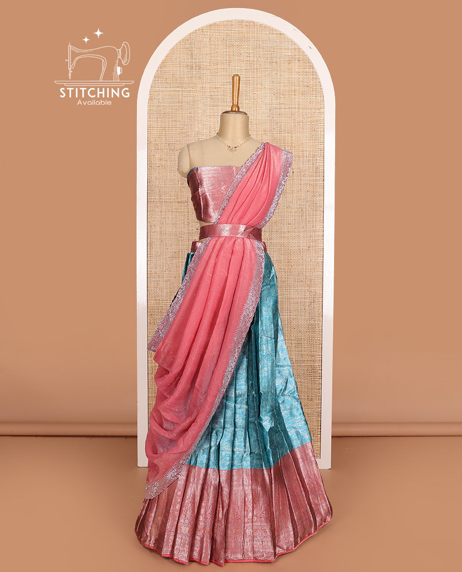 Blue art silk half-saree, floral design with contrast traditional border skirt, matching blouse, scallop embroidered dhavani, and detachable belt