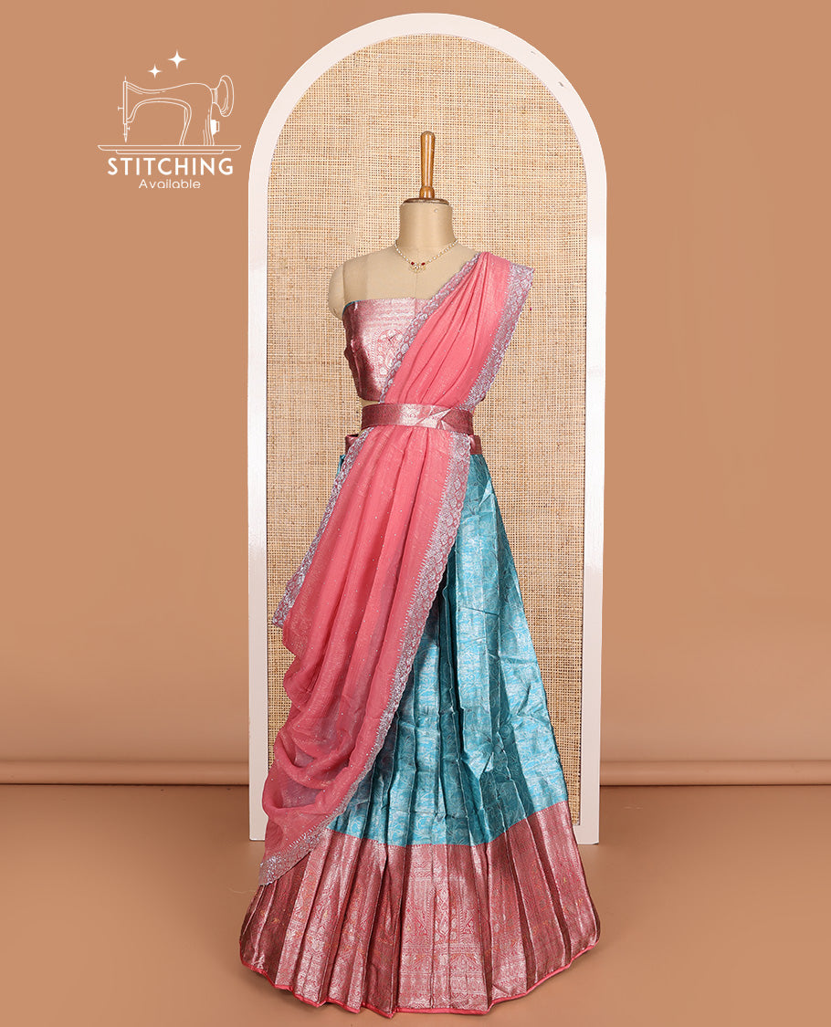 Blue art silk half-saree, floral design with contrast traditional border skirt, matching blouse, scallop embroidered dhavani, and detachable belt