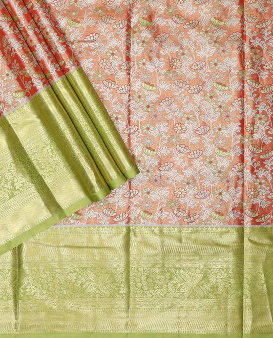 Orange art silk half saree material , jacquard with contrast traditional zari bordered skirt, contrast jacquard blouse, and chakram design dhavani