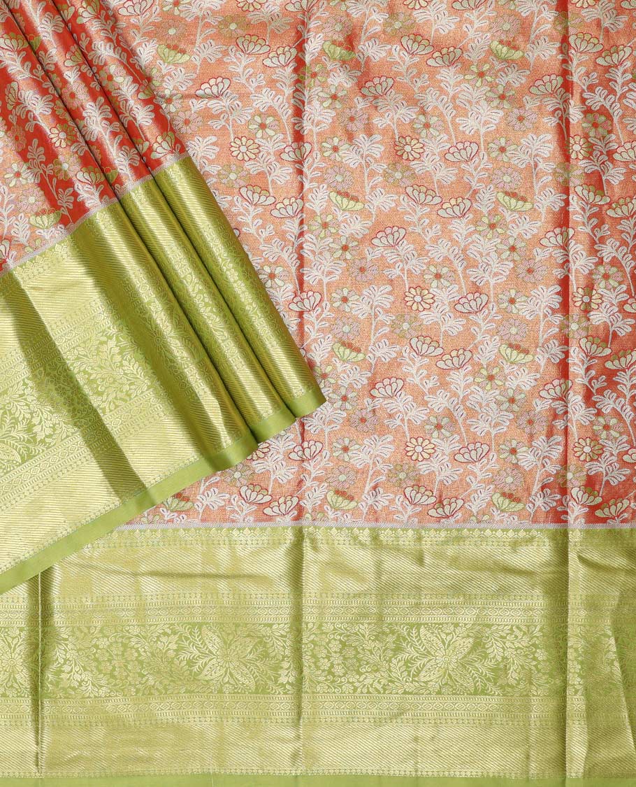 Orange art silk half saree material , jacquard with contrast traditional zari bordered skirt, contrast jacquard blouse, and chakram design dhavani