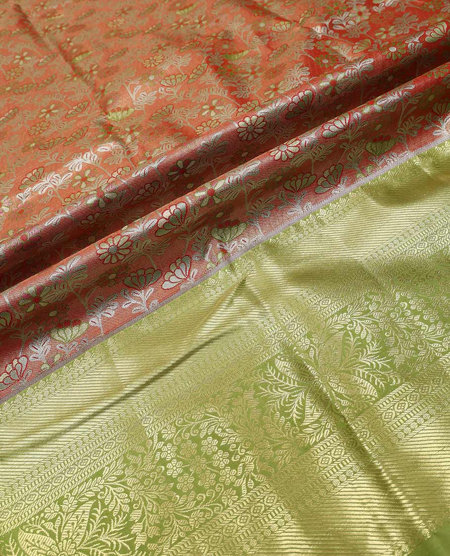 Orange art silk half saree material , jacquard with contrast traditional zari bordered skirt, contrast jacquard blouse, and chakram design dhavani