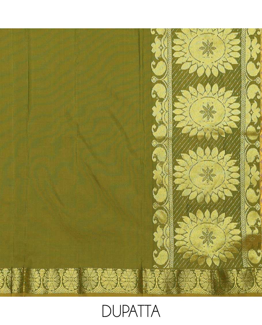 Orange art silk half saree material , jacquard with contrast traditional zari bordered skirt, contrast jacquard blouse, and chakram design dhavani