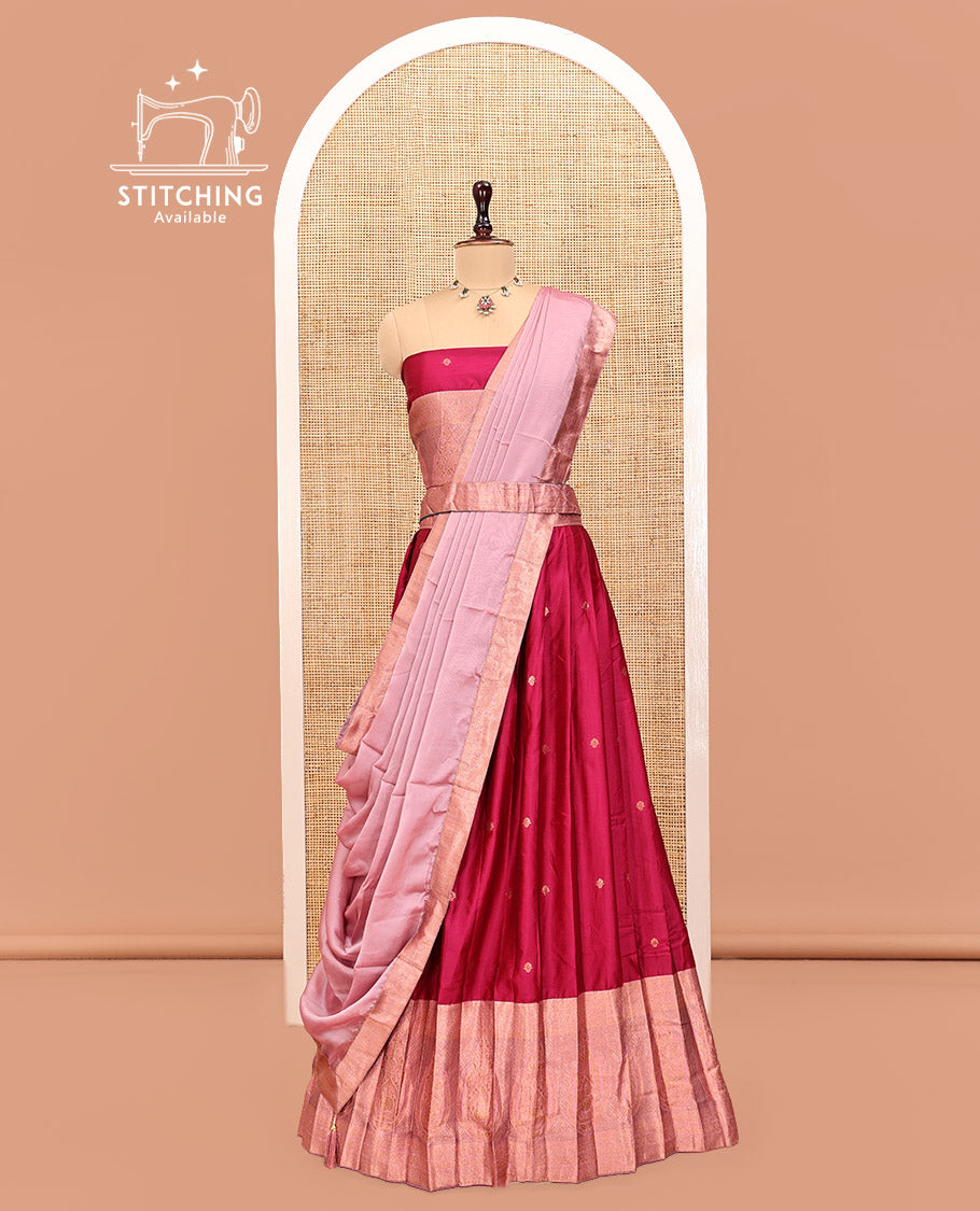 Red Art Silk Half Saree Features Buttas Skirt, Complemented by Contrast Traditional Border, Matching Blouse, and a Plain Zari-Bordered Dhavani