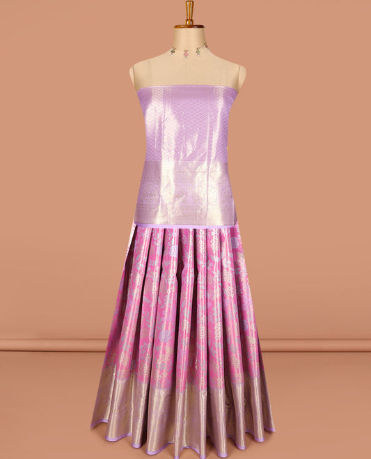 Pink art silk half saree, floral jacquard with contrast traditional zari border, jacquard contrast blouse and zari woven dhavani