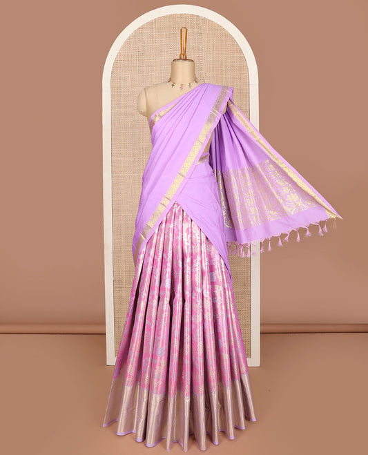 Pink art silk half saree, floral jacquard with contrast traditional zari border, jacquard contrast blouse and zari woven dhavani