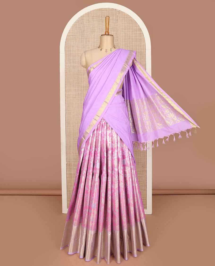 Pink art silk half saree, floral jacquard with contrast traditional zari border, jacquard contrast blouse and zari woven dhavani