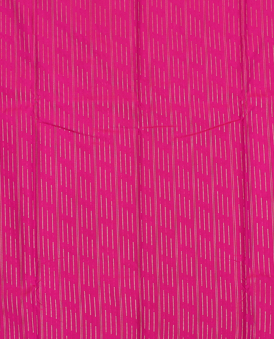 Pink art silk pavadai set, zari design and contrast traditional zari bordered skirt and a contrast zari border blouse