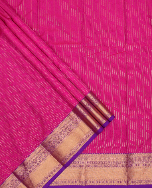 Pink art silk pavadai set, zari design and contrast traditional zari bordered skirt and a contrast zari border blouse