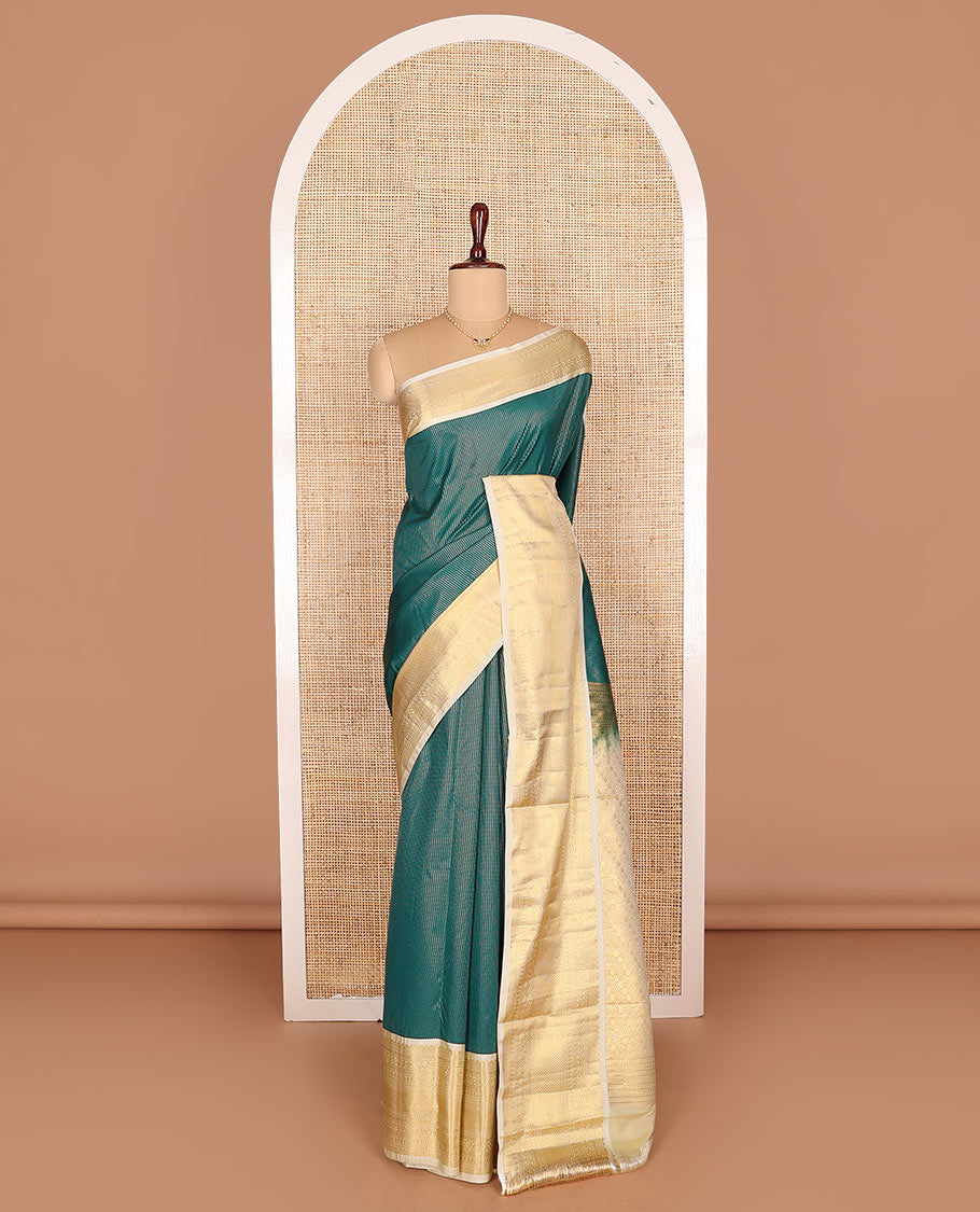 Green zari design budget silk saree, contrast traditional zari design border, and jaal pallu