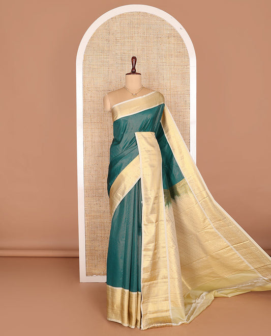 Green zari design budget silk saree, contrast traditional zari design border, and jaal pallu