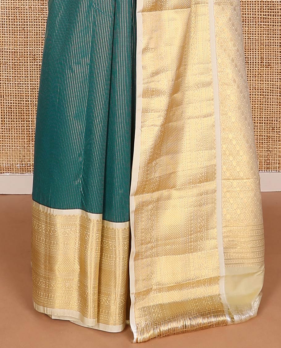Green zari design budget silk saree, contrast traditional zari design border, and jaal pallu