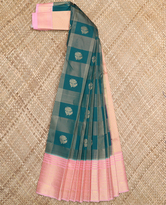Peacock blue floral butta enclosed checked budget silk saree, contrast traditional zari border, and jaal pallu