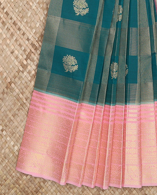 Peacock blue floral butta enclosed checked budget silk saree, contrast traditional zari border, and jaal pallu