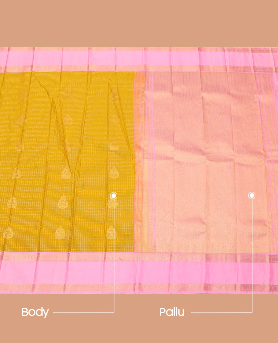 Yellow Budget Silk Saree Subtly Sparkled Zari Checks and Buttas, Complemented by Contrast Rettai Pettu Traditional Motifs Border, Grandly Zari Woven Pallu, and a Contrast Blouse