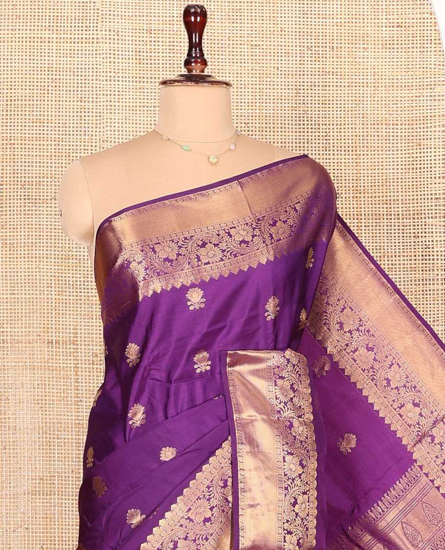 Purple Budget Silk Saree Detailed with Zari Buttas All Over Its Body, Highlighted by a Zari Traditional Border of Floral Creeper Designs, Grand Pallu of Scallop Designs, and Paired with a Matching Blouse