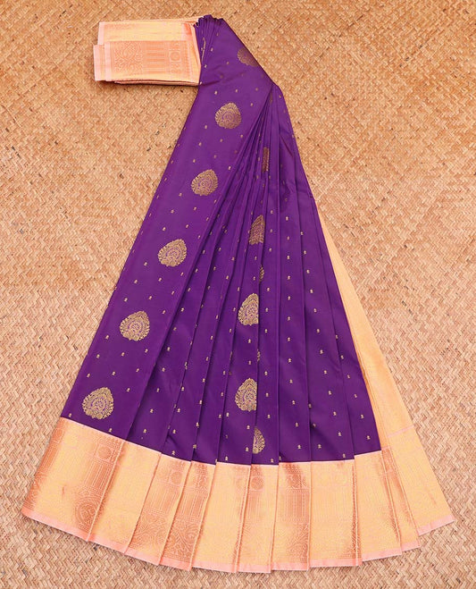 Purple Budget Silk Saree, Delicately Woven with Zari Buttas All Over Its Body, Complemented by a Contrast Traditional Zari Design Border, Intricately Designed Pallu, and Paired with a Contrast Blouse