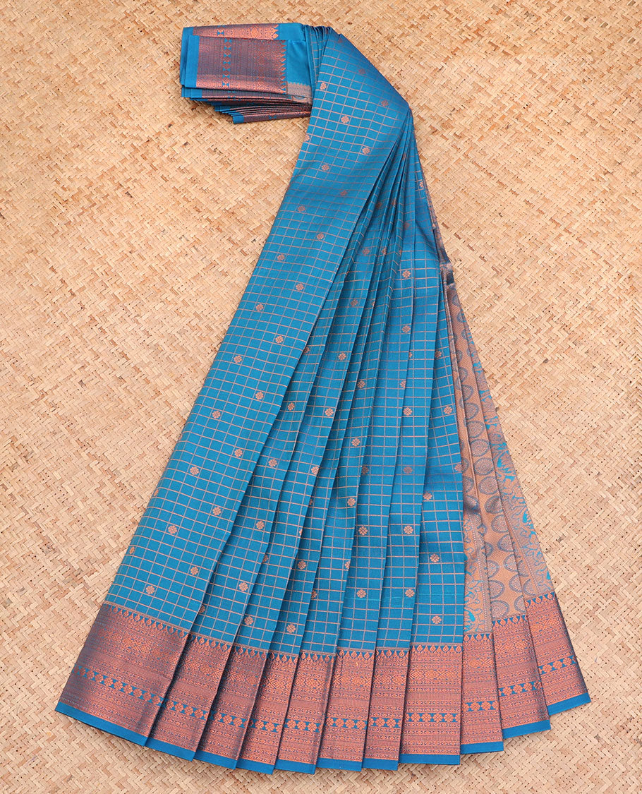 Blue Budget Silk Saree, Detailed with Zari Buttas and Checks All Over Its Body, Highlighted by a Traditional Zari Design Border, Grand Pallu, and Paired with a Matching Blouse