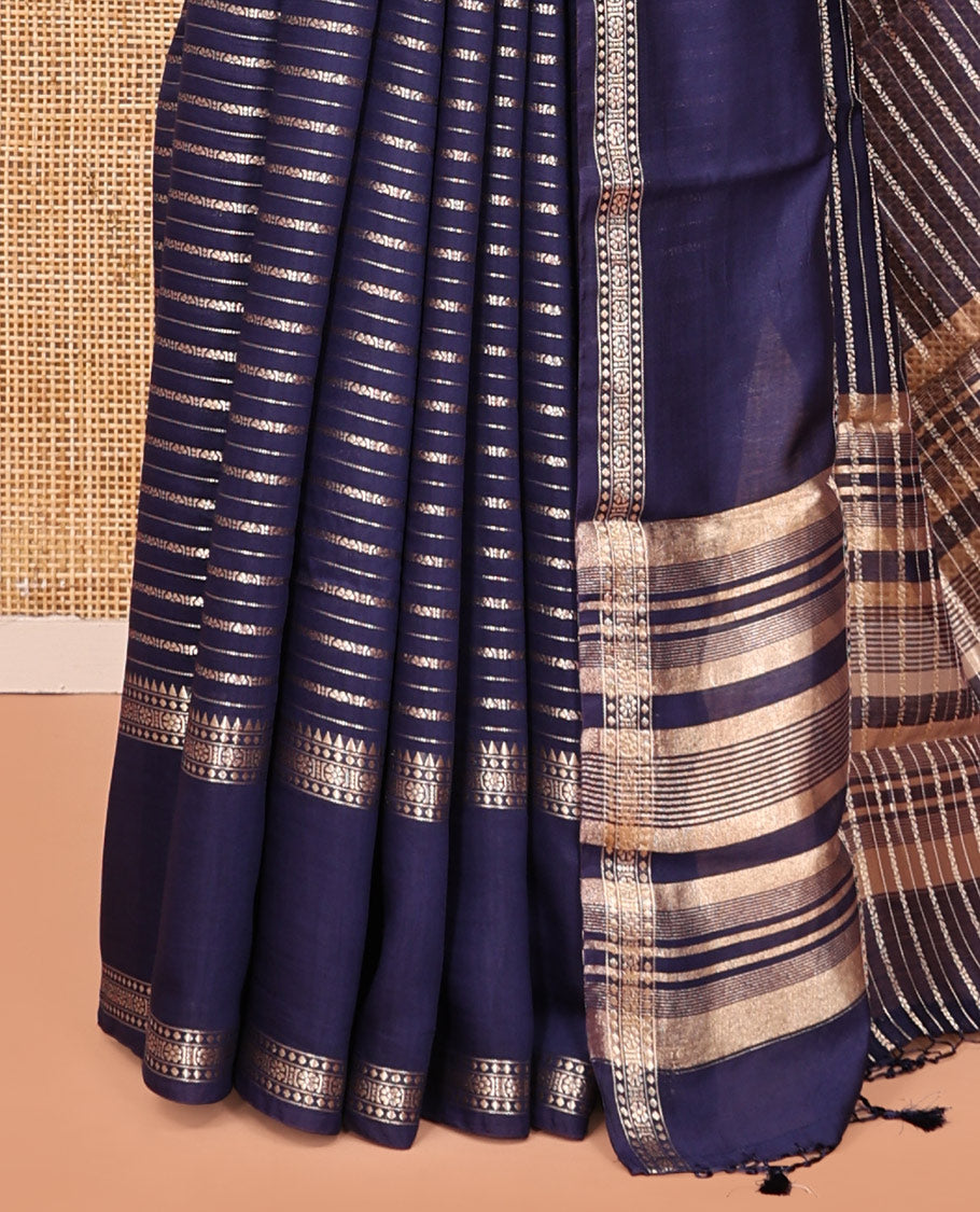 Navy Blue Assam Silk Saree, Decked Up with Zari Stripes, Highlighted by a Traditional Border, Zari Striped Pallu, and a Matching Blouse