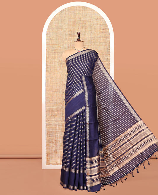 Navy Blue Assam Silk Saree, Decked Up with Zari Stripes, Highlighted by a Traditional Border, Zari Striped Pallu, and a Matching Blouse