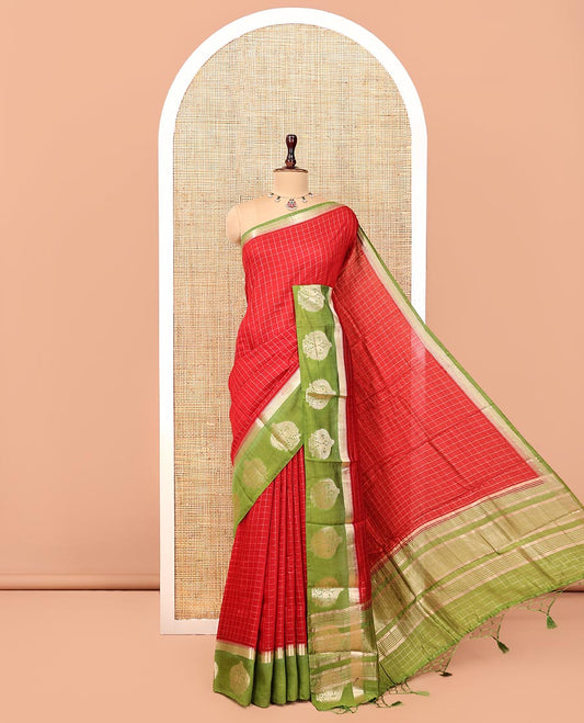Red Assam Silk Saree, Decked Up with Checks, Complemented by Contrast Peacock Design Border, Zari-Striped Pallu, and a Contrast Blouse