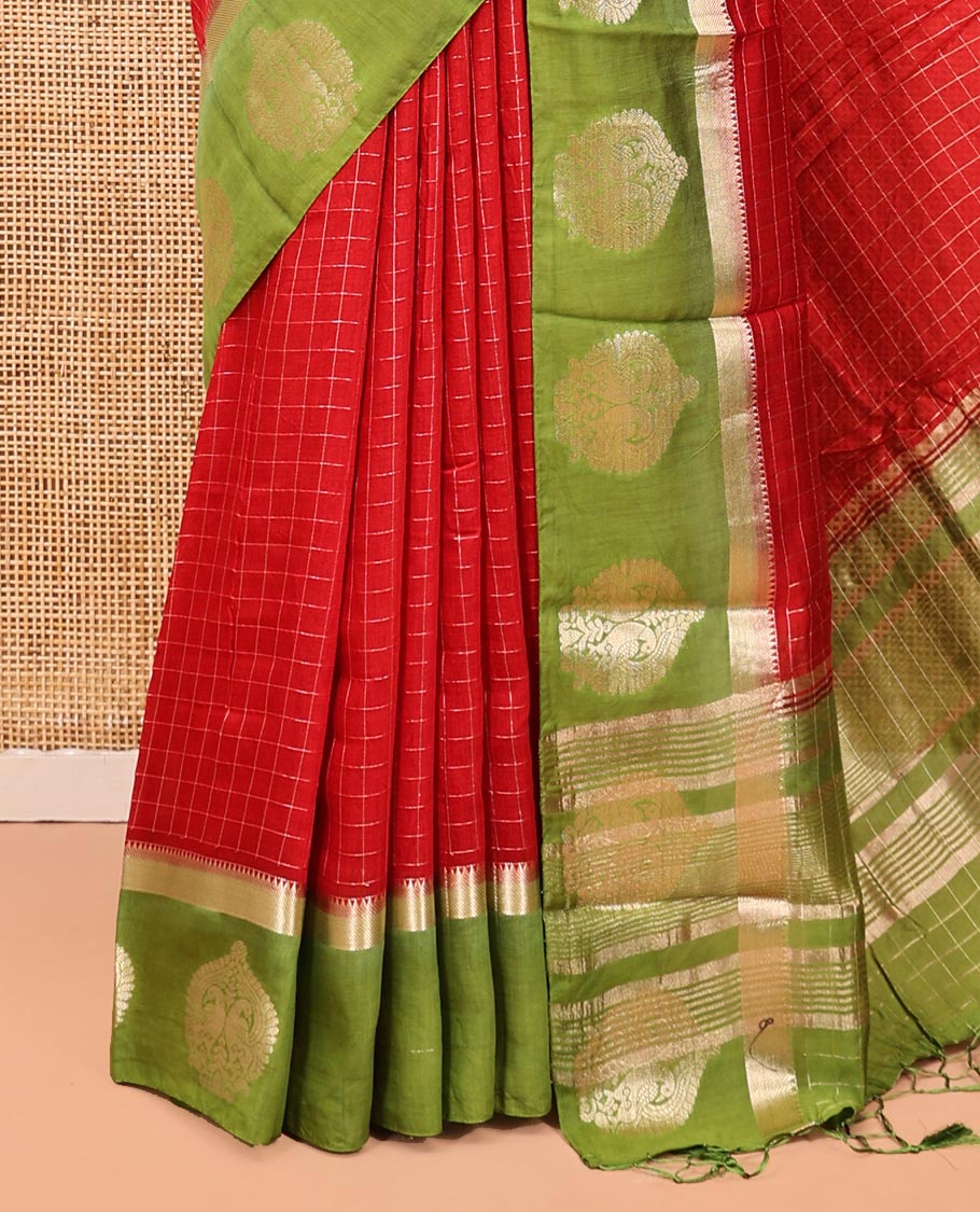 Red Assam Silk Saree, Decked Up with Checks, Complemented by Contrast Peacock Design Border, Zari-Striped Pallu, and a Contrast Blouse