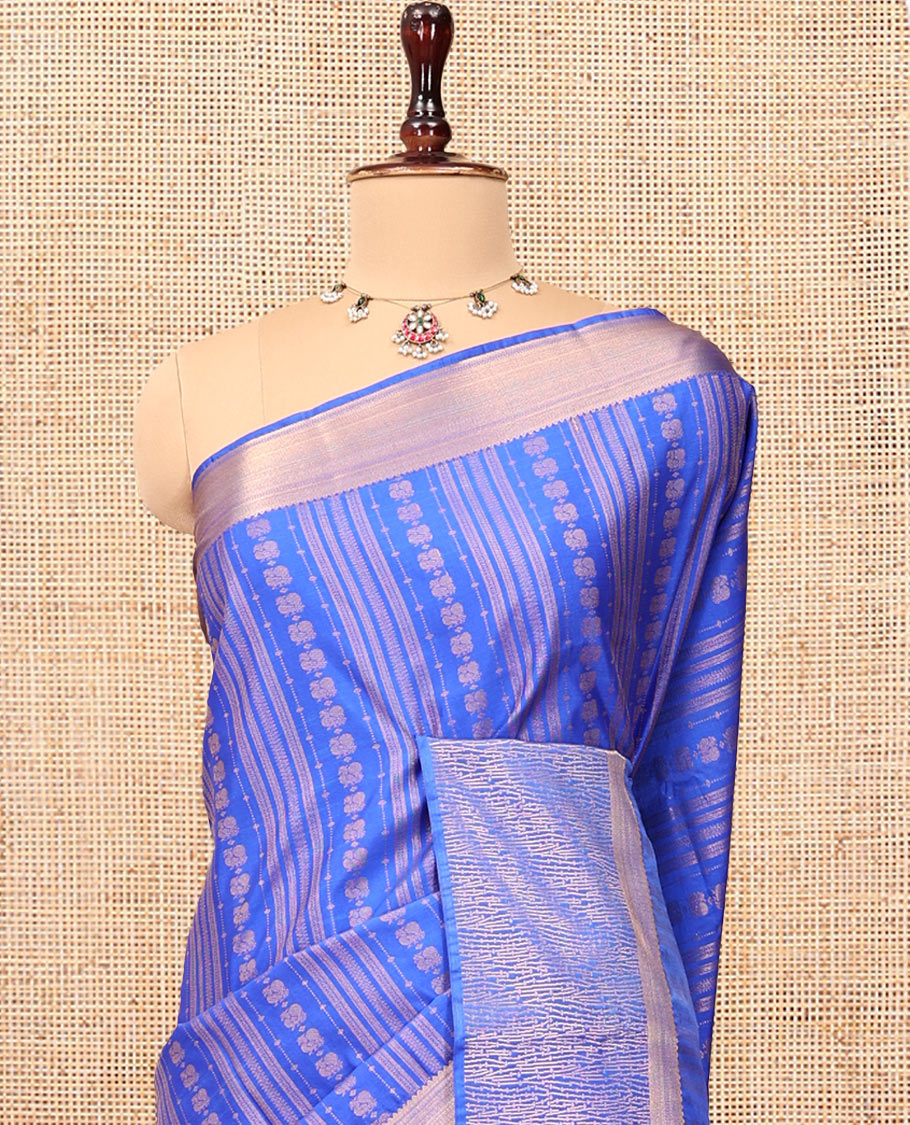 Blue Budget Silk Saree, Richly Detailed with Stripes and Peacock Buttas, Traditional Zari Border, Contrast Grand Pallu, and a Contrast Blouse