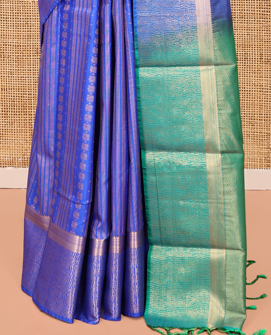 Blue Budget Silk Saree, Richly Detailed with Stripes and Peacock Buttas, Traditional Zari Border, Contrast Grand Pallu, and a Contrast Blouse