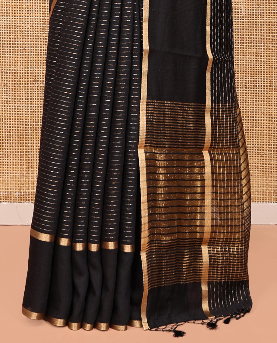 Black Assam Silk Saree, Gleamed Up with Zari Stripes, Highlighted by a Traditional Zari Border, Gleaming Zari-Striped Pallu, and a Matching Blouse