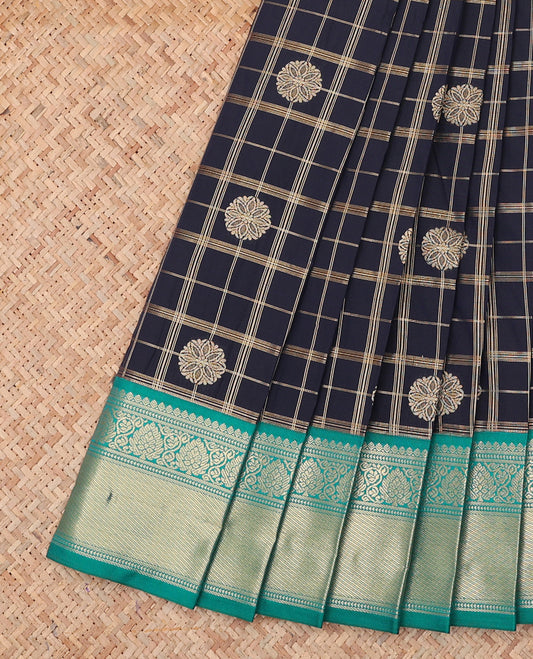 Navy Budget Silk Saree, Woven with Zari Butta Enclosed Checks, a Contrast Traditional Zari Border, Grand Pallu, and a Contrast Blouse