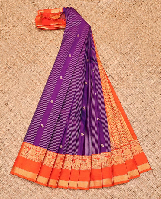 Violet Budget Silk Saree, Detailed with Zari Butta and Stripes, Contrast Traditional Zari Rettai Pettu Border, Intricately Designed Pallu, and a Contrast Blouse