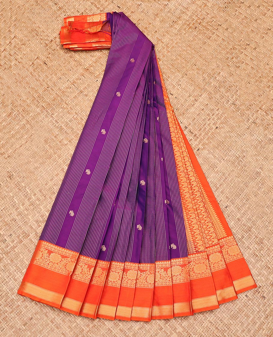 Violet Budget Silk Saree, Detailed with Zari Butta and Stripes, Contrast Traditional Zari Rettai Pettu Border, Intricately Designed Pallu, and a Contrast Blouse