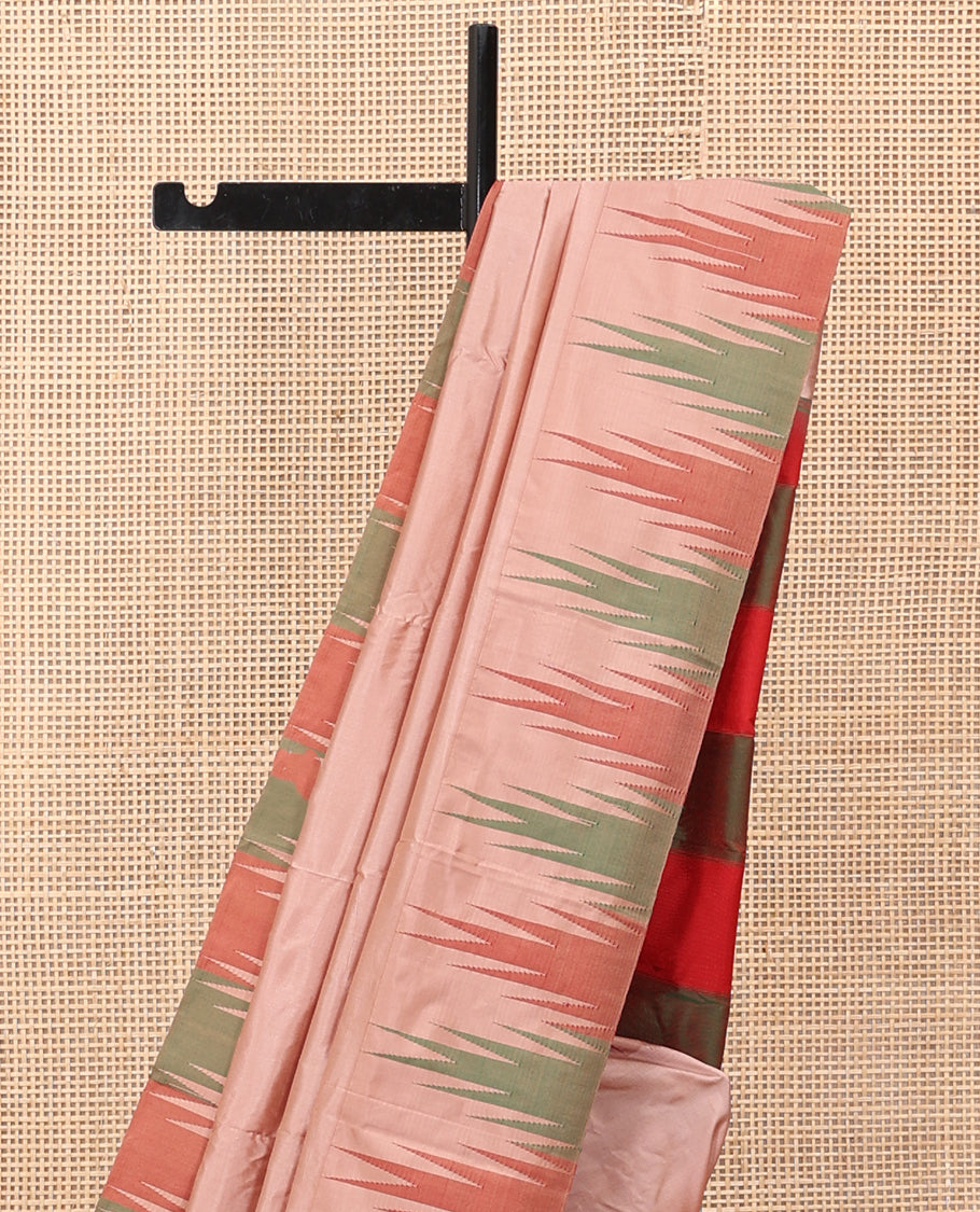 Light Sandal Plain Bangalore Silk Saree, Complemented by a Contrast Temple Border, Striped Pallu, and a Contrast Blouse