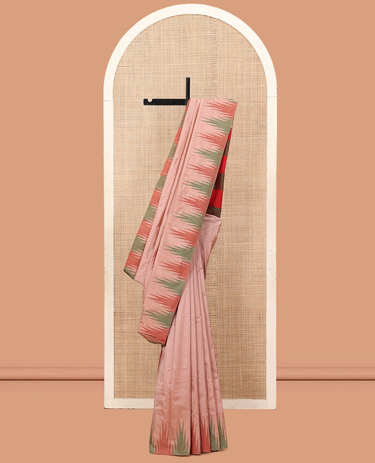 Light Sandal Plain Bangalore Silk Saree, Complemented by a Contrast Temple Border, Striped Pallu, and a Contrast Blouse