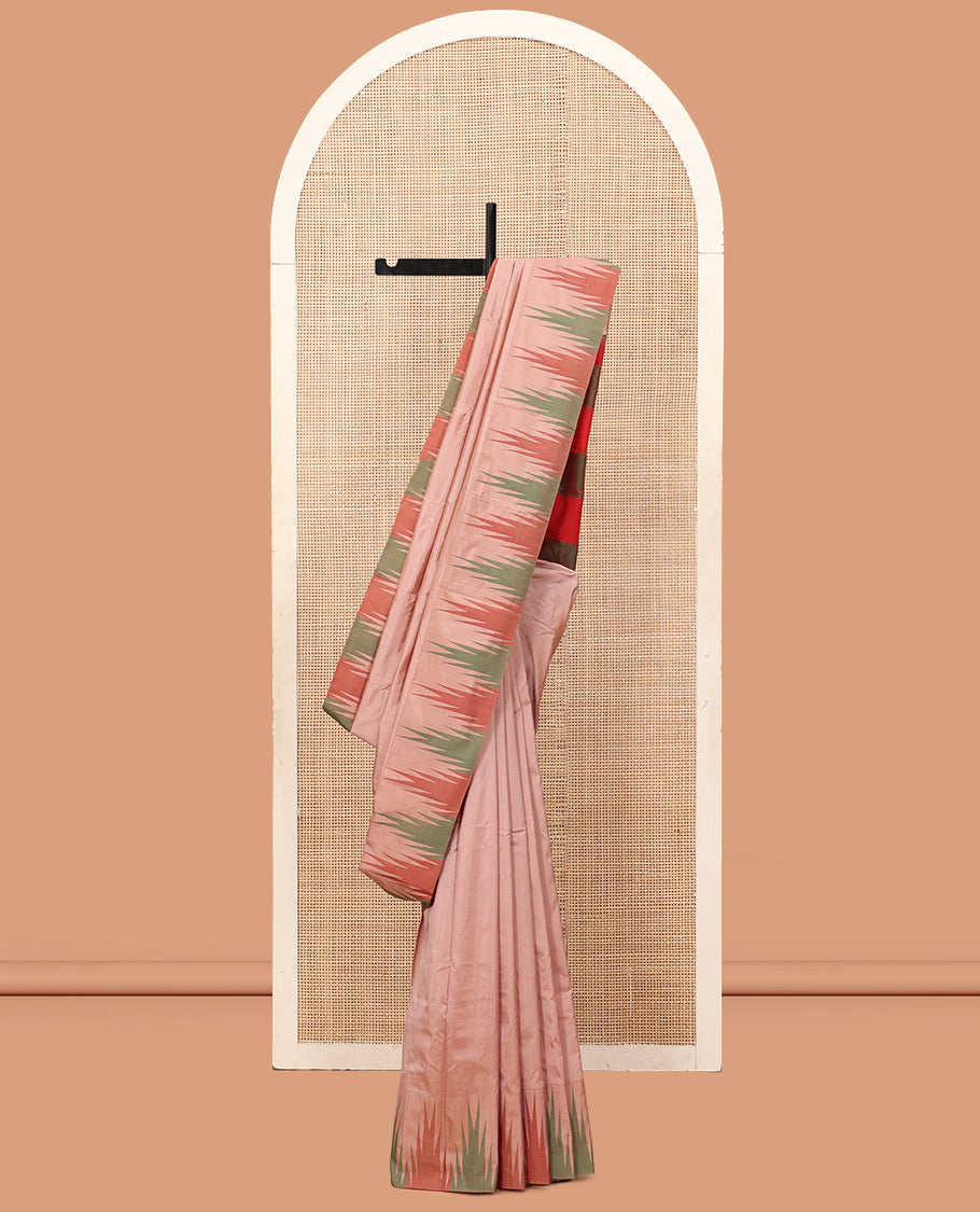 Light Sandal Plain Bangalore Silk Saree, Complemented by a Contrast Temple Border, Striped Pallu, and a Contrast Blouse