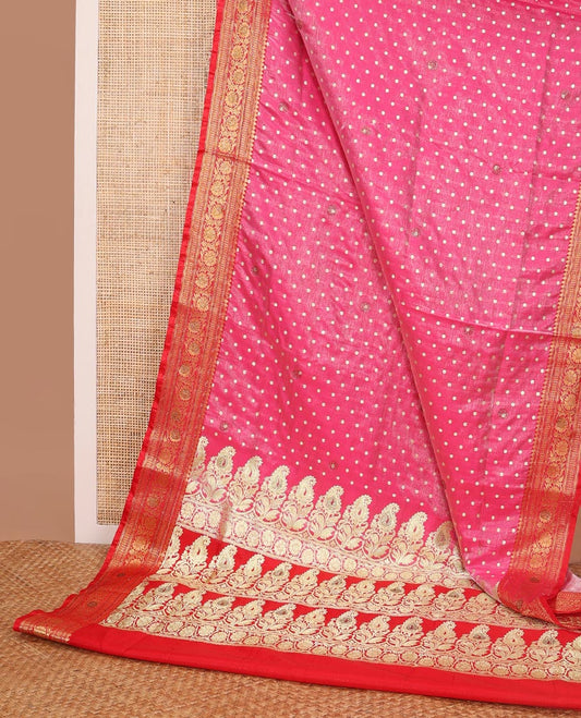 Pink buttas semi banaras nylon with contrast zari design border & floral design pallu