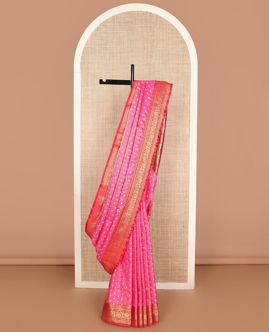 Pink buttas semi banaras nylon with contrast zari design border & floral design pallu