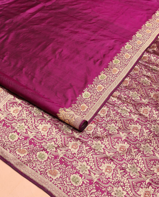 Purple plain kathan silk saree, meenakari floral creeper border, and Mughal-style arches and floral pallu