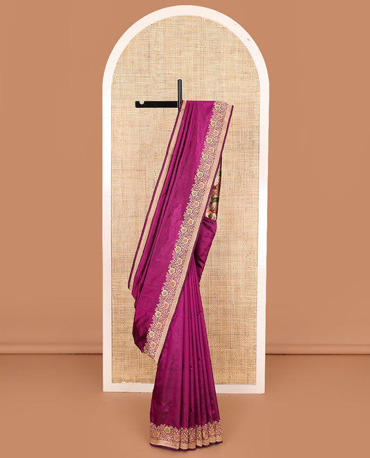 Purple plain kathan silk saree, meenakari floral creeper border, and Mughal-style arches and floral pallu
