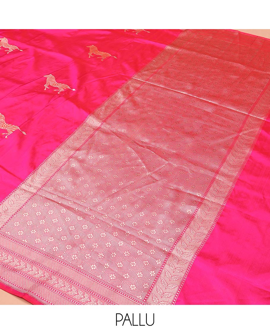 Pink Banarasi Silk Saree Accentuated with Zebra Motifs All Over Its Body, a Subtle Border of Traditional Designs, Pallu Decked Up with Floral and Diamond Designs, and Paired with a Matching Blouse
