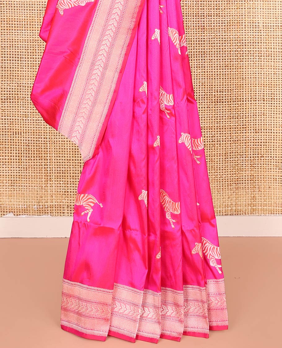 Pink Banarasi Silk Saree Accentuated with Zebra Motifs All Over Its Body, a Subtle Border of Traditional Designs, Pallu Decked Up with Floral and Diamond Designs, and Paired with a Matching Blouse